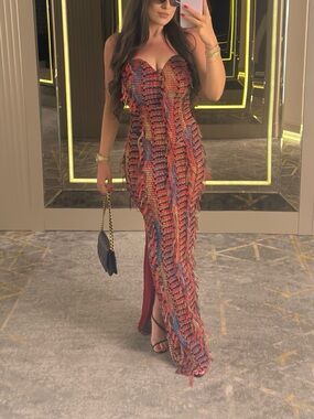 Jasmine Maxi Dress Strapless Red Multi-Texture Fringe Evening Gown